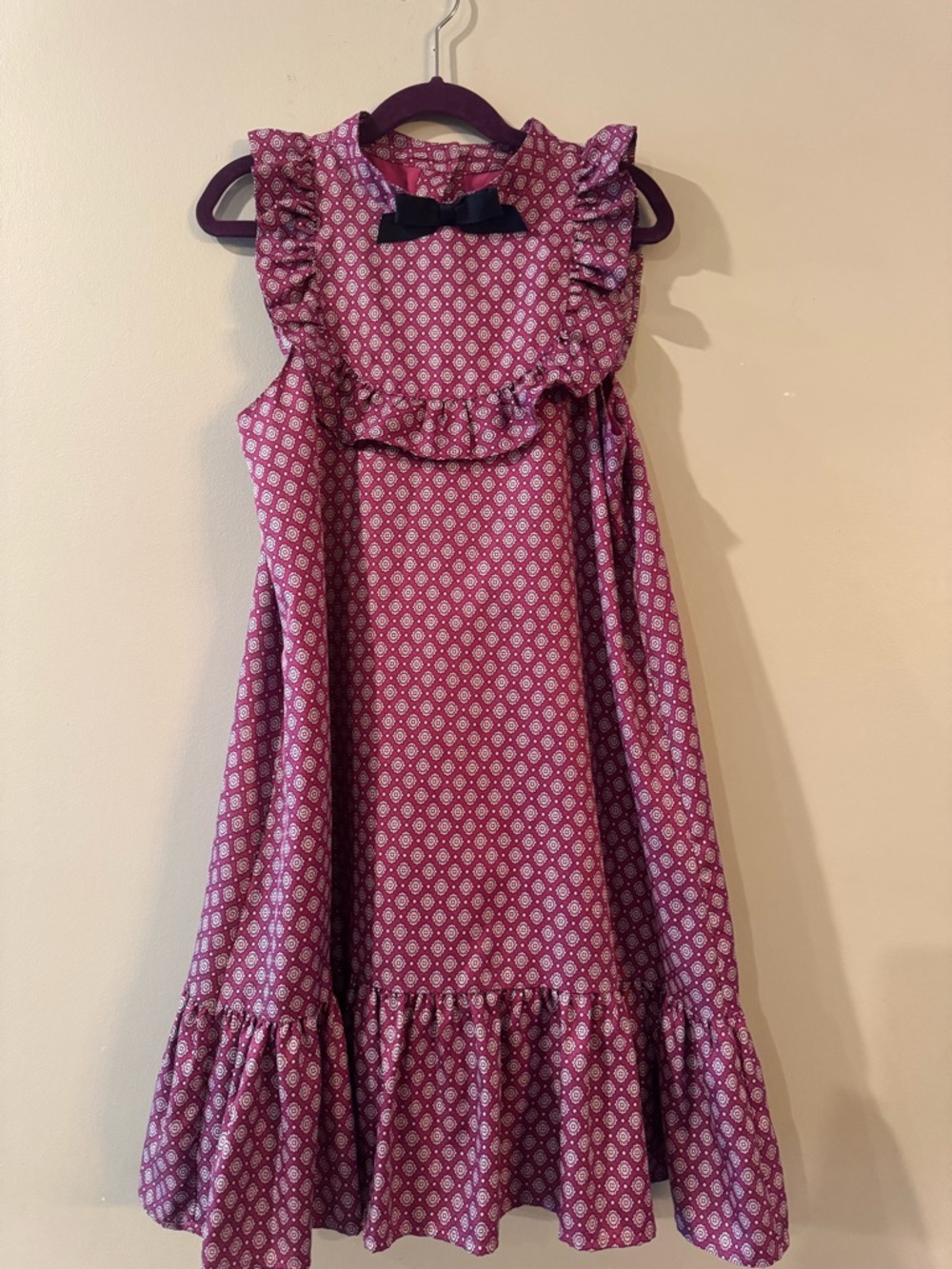 Janie and Jack Magenta Patterned Ruffle Dress with Navy Bow
